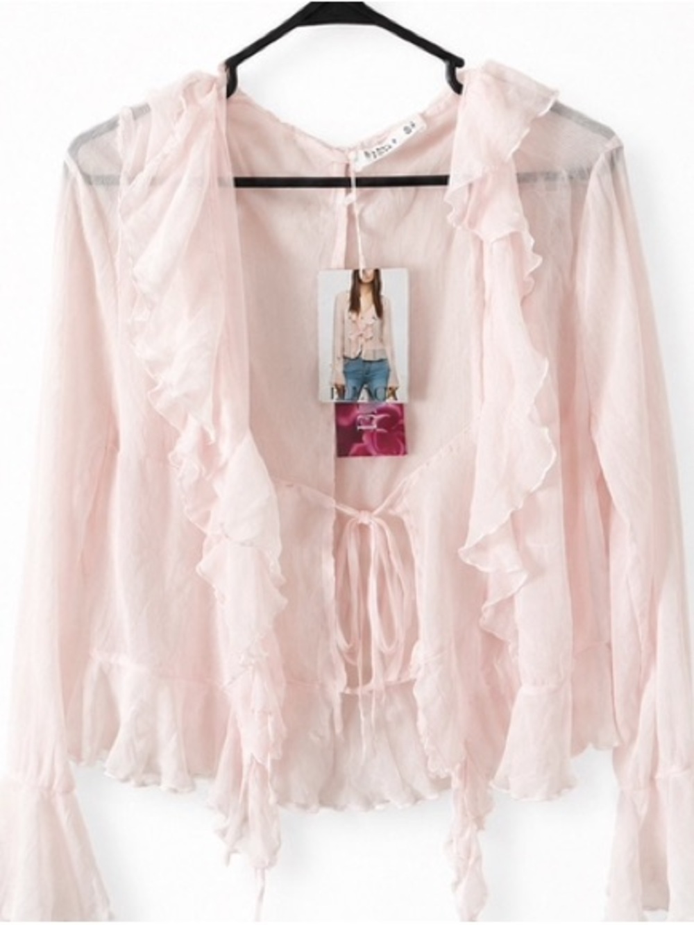 Sheer Pale Pink Ruffle Tie-Front Blouse